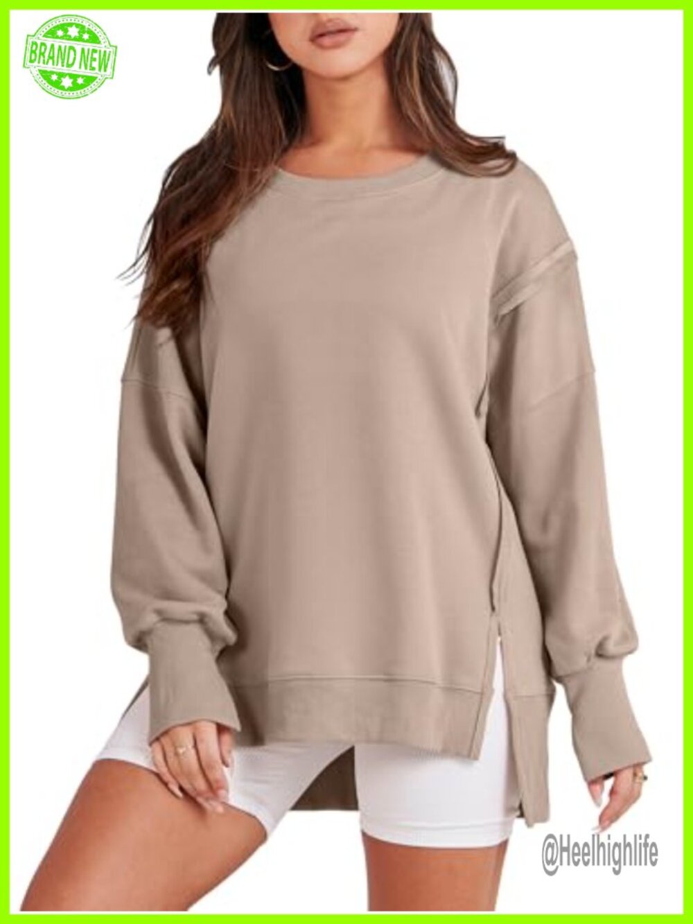 Oversized Crew Neck Sweatshirt Long Sleeve Drop Shoulder Side Slit Casual Top